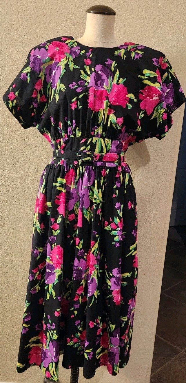 VTG 80s Stuart Alan Multicolor Floral Belted Dress Peekaboo Back Women&rsquo;s 10