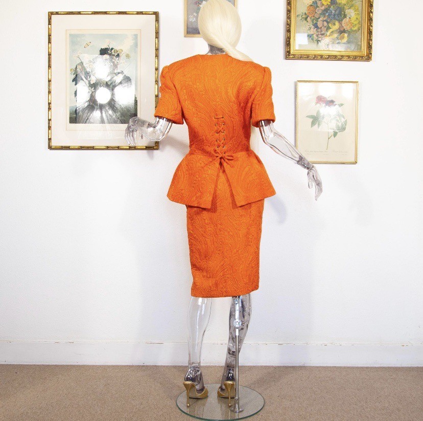 Vintage 1980s Escada Orange Wool Silk Skirt Suit Gold Button Size M UK 12