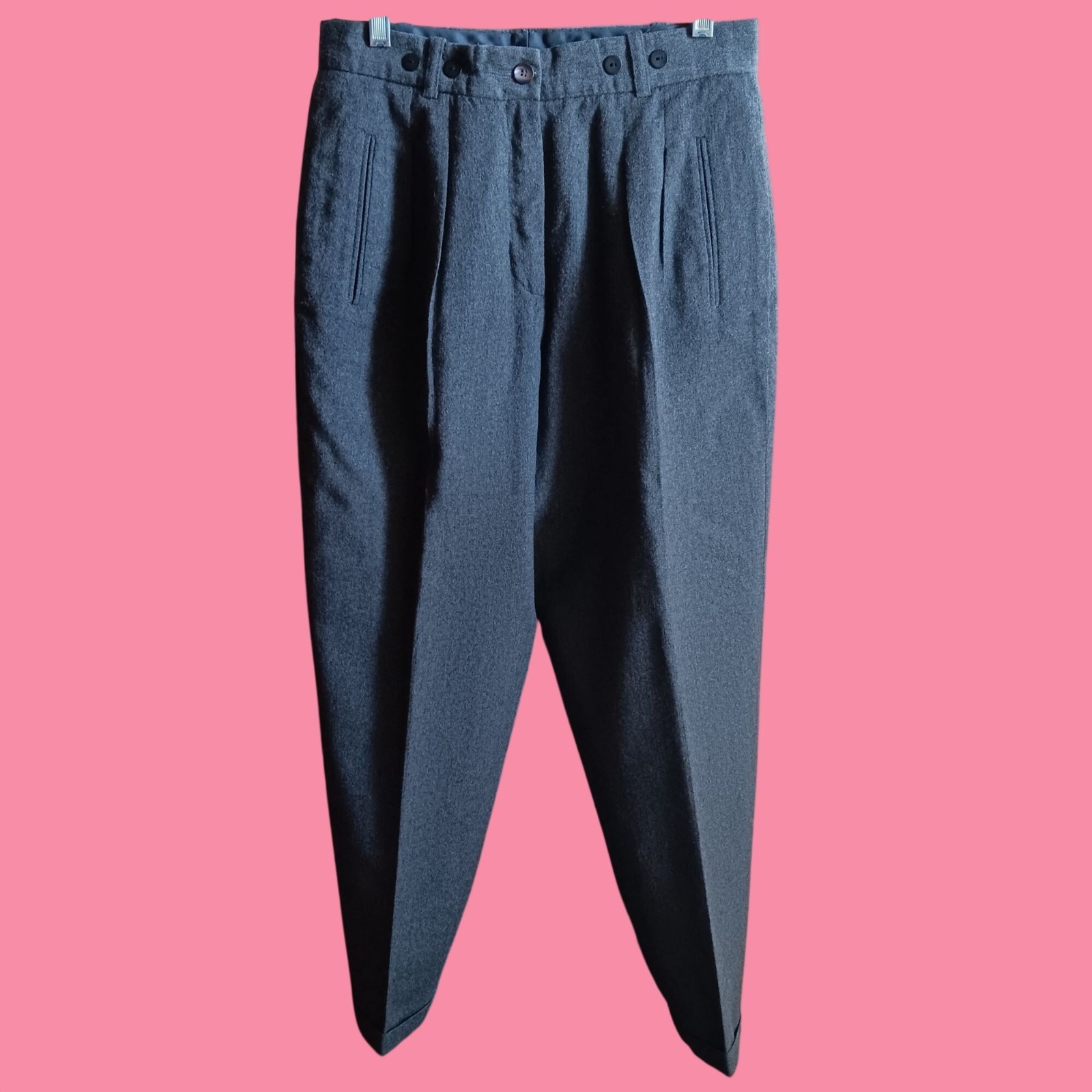 Vintage Women&rsquo;s 27×28 Gray Wool Pleated Pants Suspender Button Made In Brazil