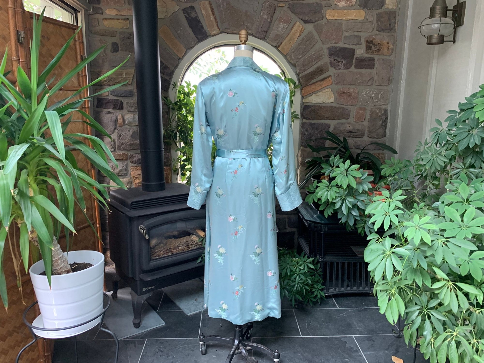 Vintage Light Blue Embossed Floral Rayon Satin Asian Wrap Peony Brand Robe
