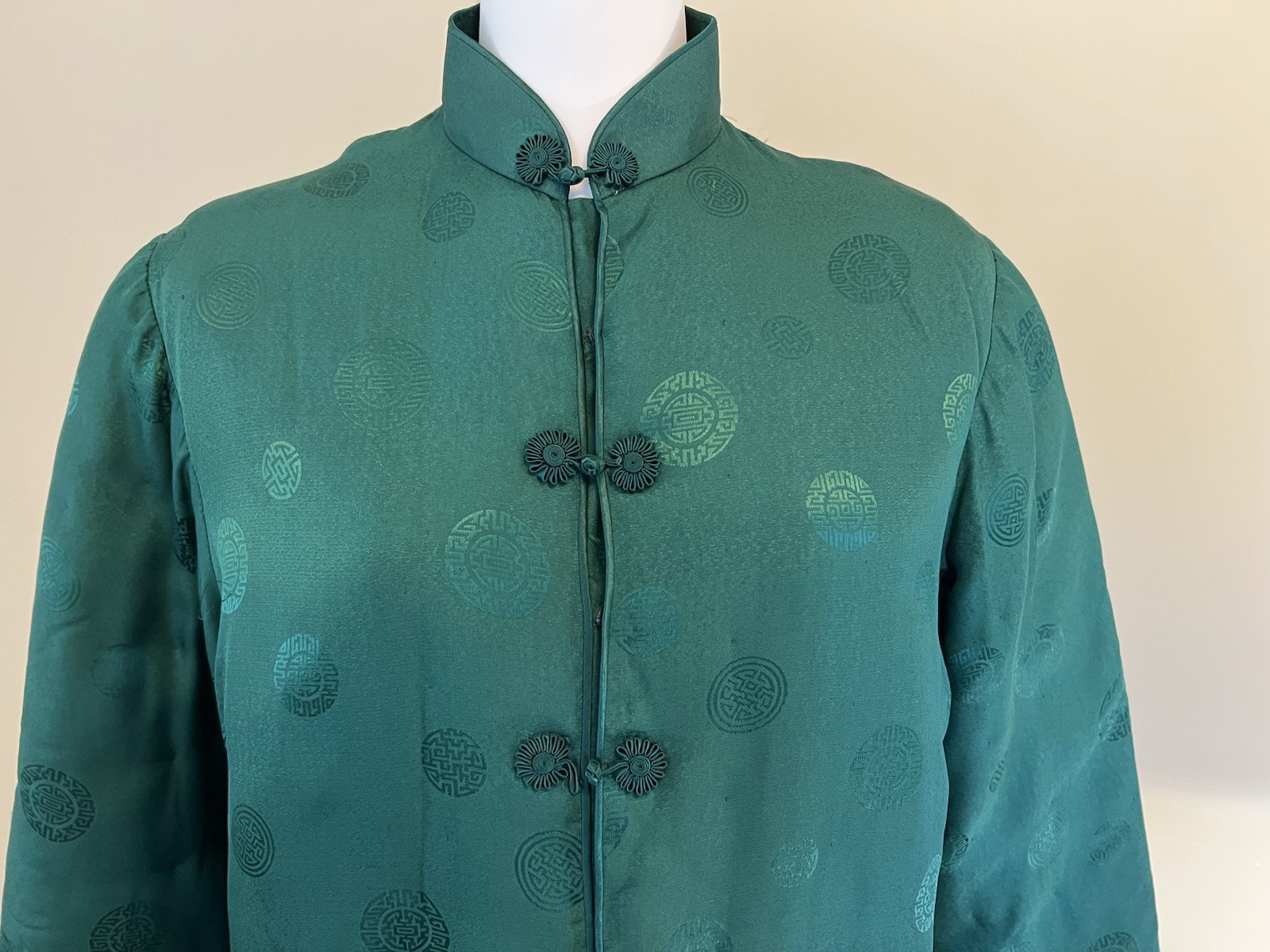 Vintage Plum Blossoms Satin Silk Jacket Quilted Emerald Green Womens