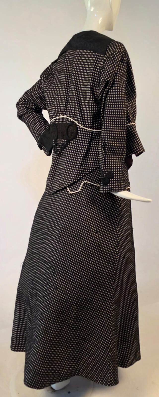 EDWARDIAN BLACK + WHITE CHECK WALKING SUIT W CORD DETAIL + SOUTACHE BELT BACK
