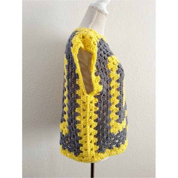 Handmade Crochet Granny Square Top OS Yellow Grey Sleeveless Vest Boho