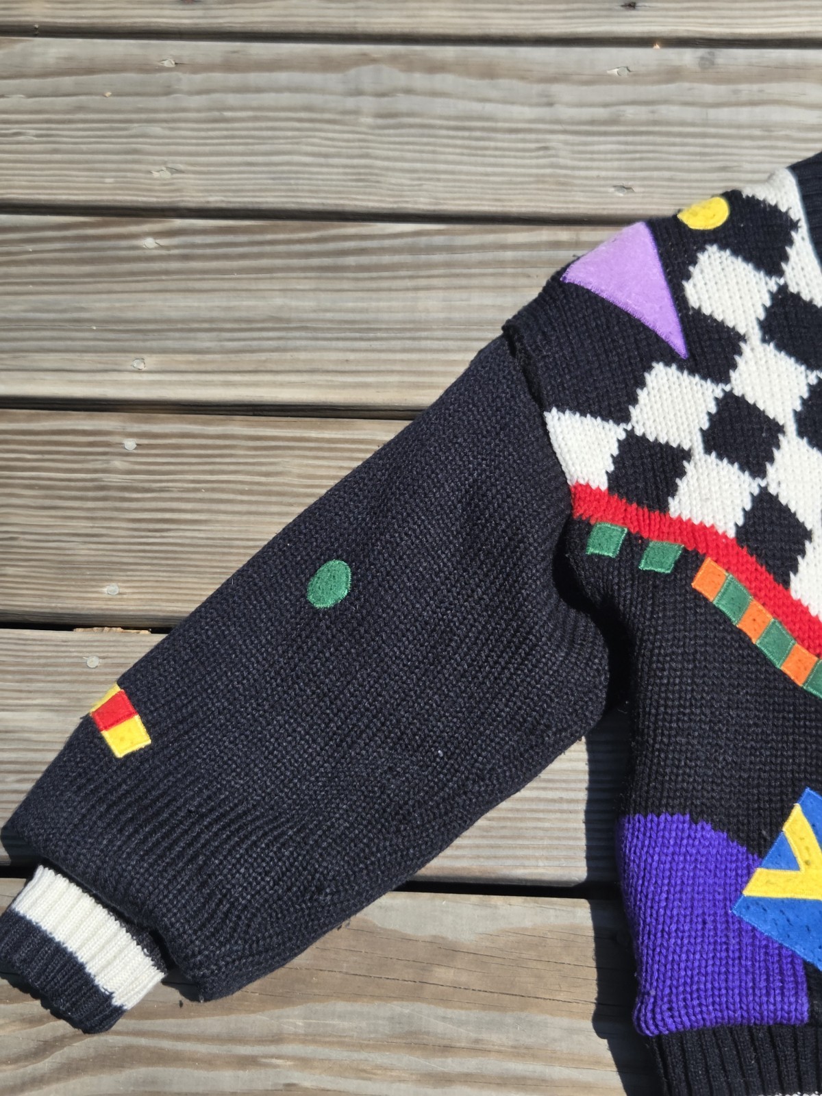 🖤Vintage 90s Abstract Geometric Sweater Jacket Black Colorblock Memphis Design