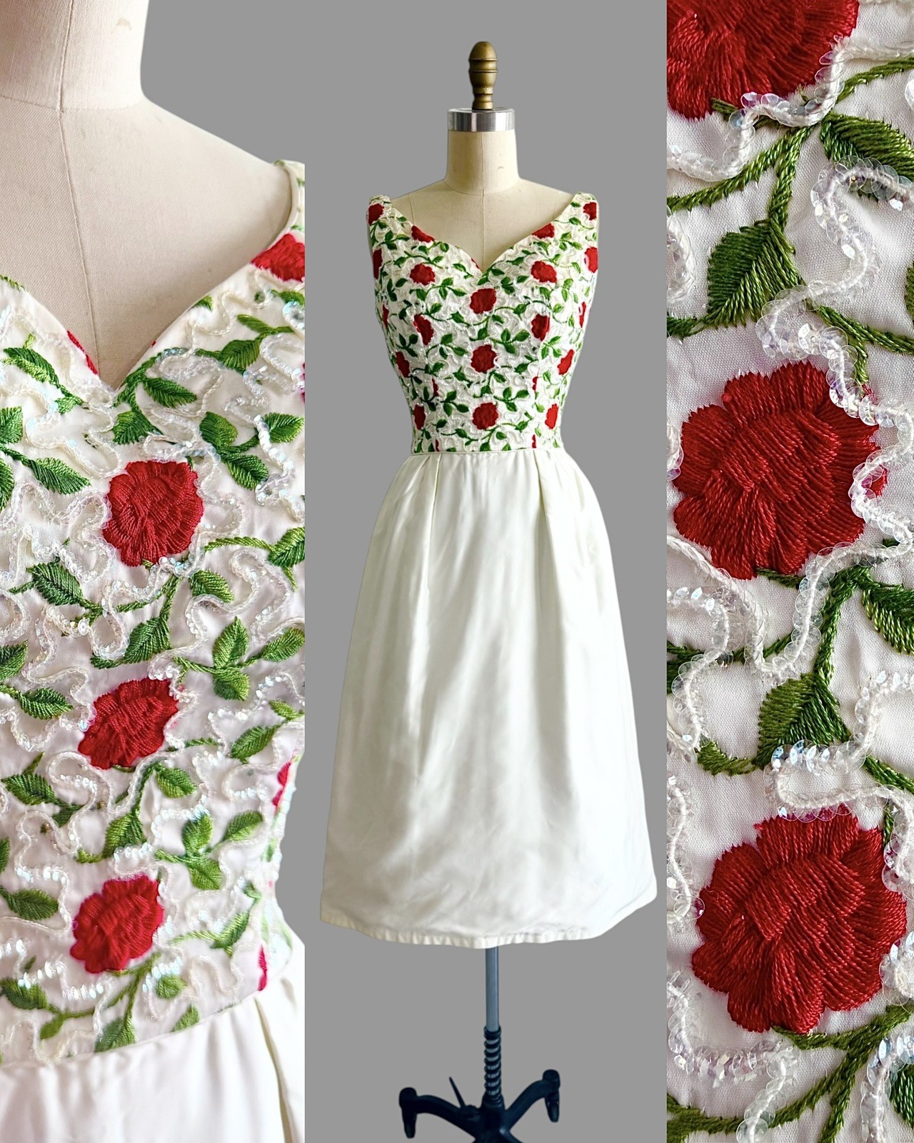 Vintage 1950s 1960s EMMA DOMB Embroidered Floral Red Rose Cocktail Party Dress