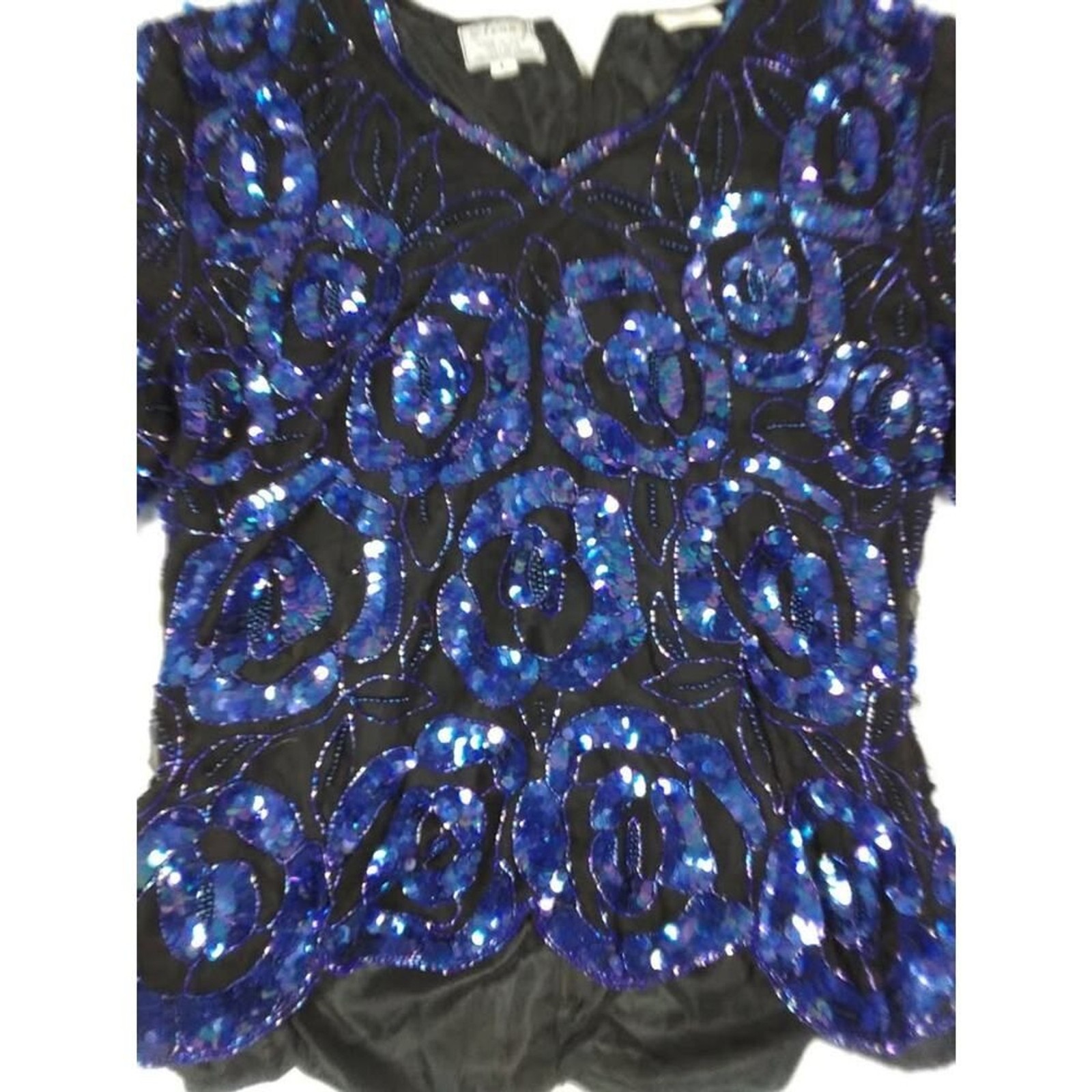 Stenay Vintage Silk Sequin Beaded Evening Top Royal Blue Black Scalloped Hem L