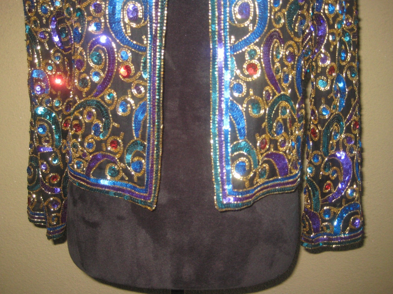 Vintage Scala black silk sequins beads multicolor cropped evening jacket S