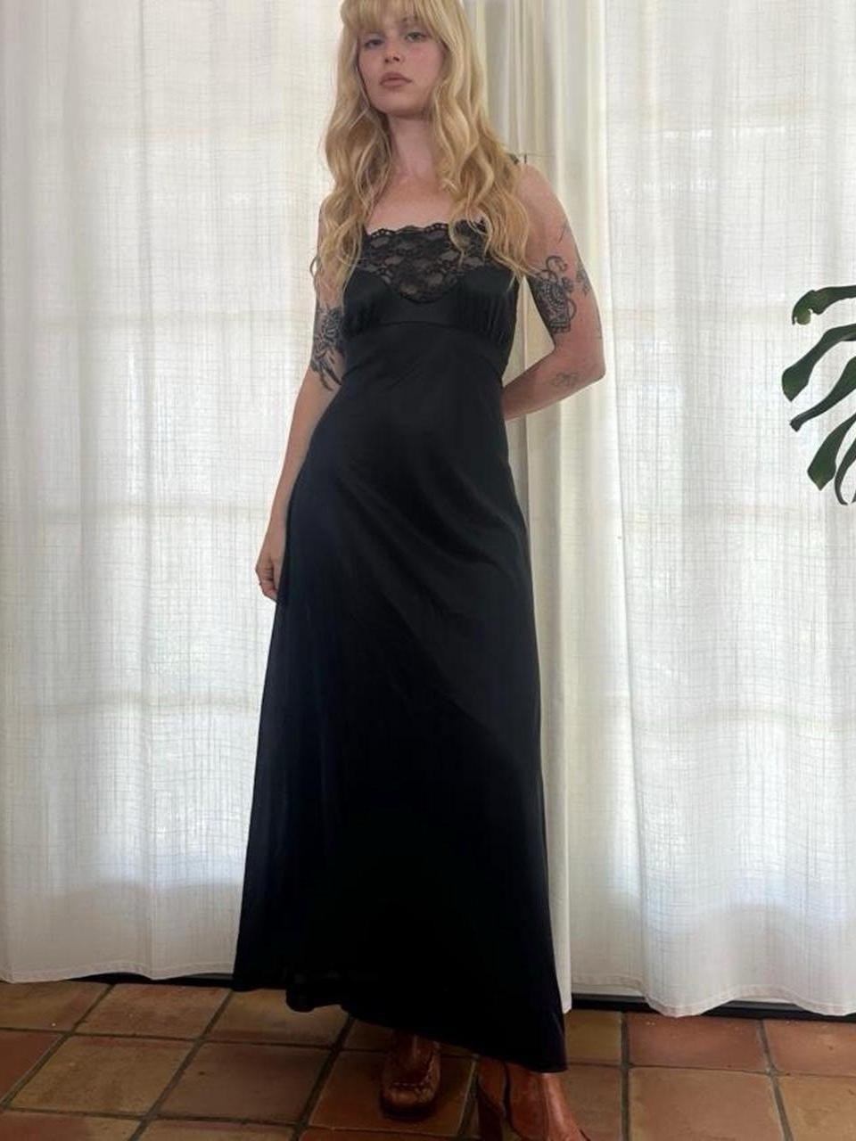 Vintage 70s black lace slip dress tie shoulders nightgown lingerie