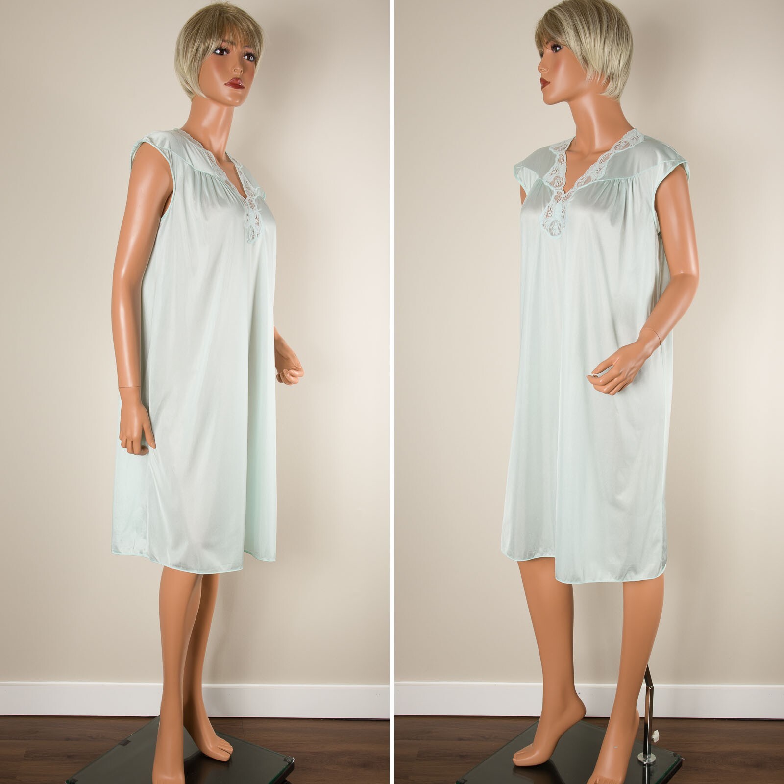 💖 VTG GILEAD Light Green Robe & Nightgown Set Nylon Lace Robe Sz S Gown Sz M