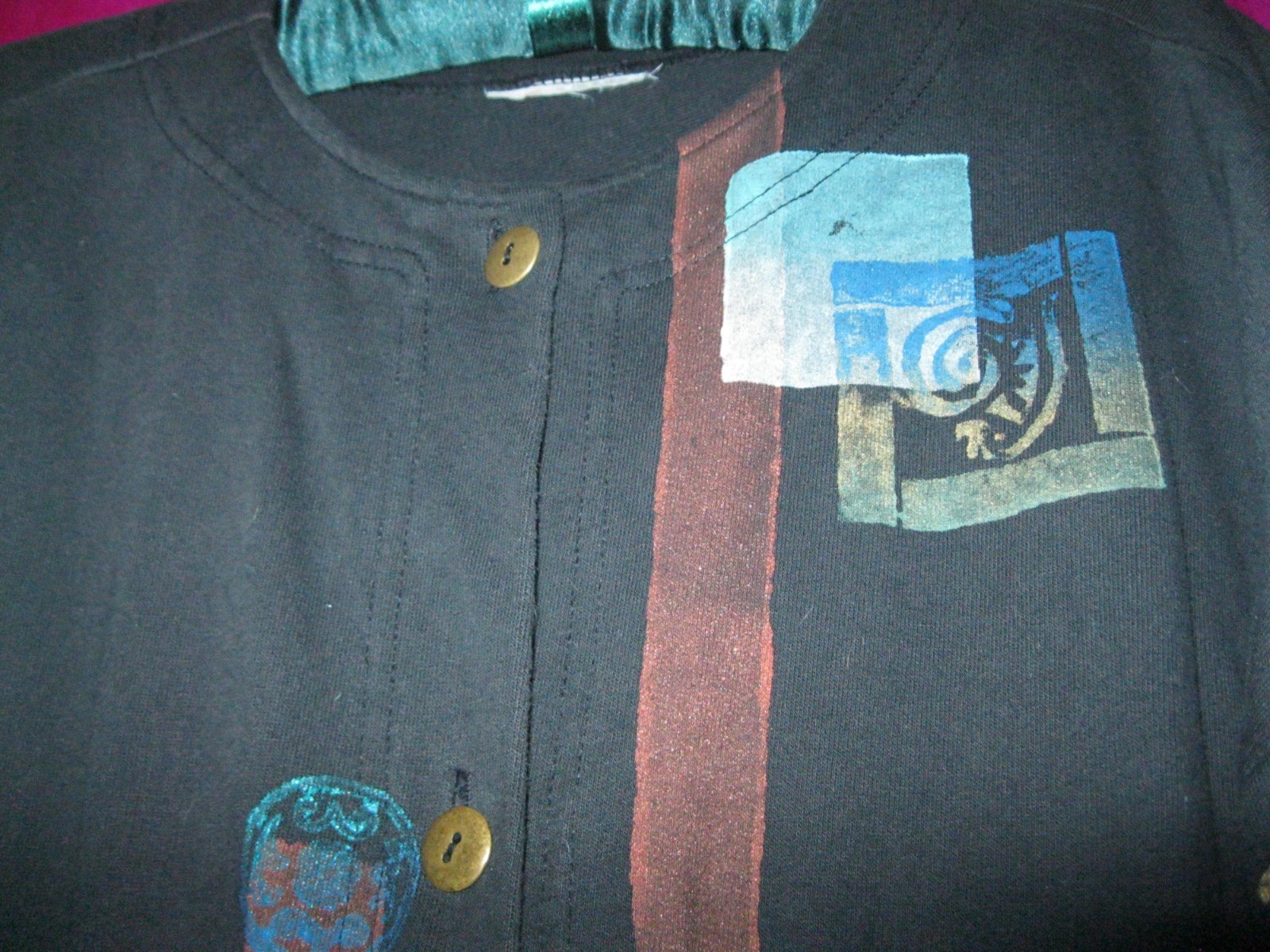 VINTAGE, BLACK COTTON JACKET, HAND PAINTED, SZ M/L, W/ FRONT POCKETS, ARTISAN