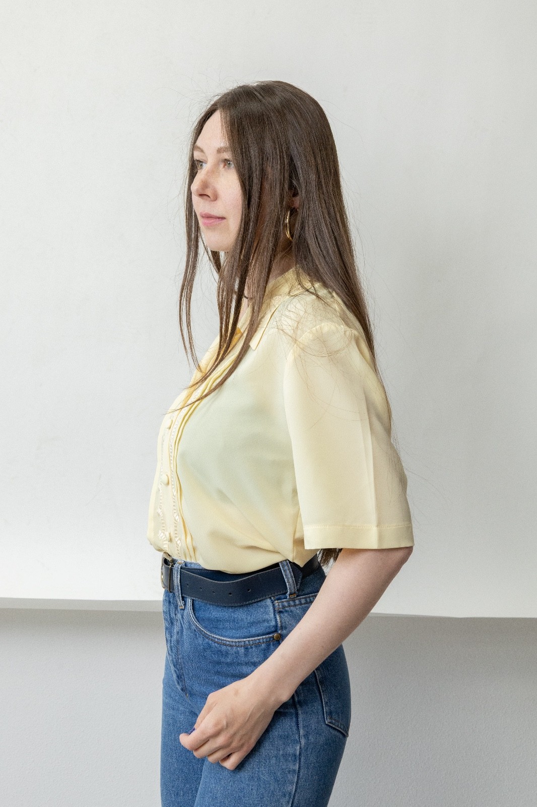 Vintage 90s Pale Yellow Embroidered Blouse Tonal Floral Coquette French Girl M