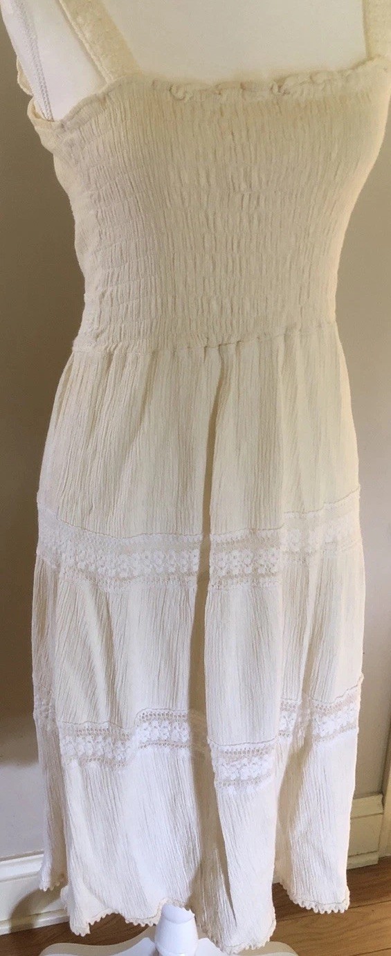 Vintage Greek Ivory Pucker Top Lace Bands Cotton Sun Dress 30