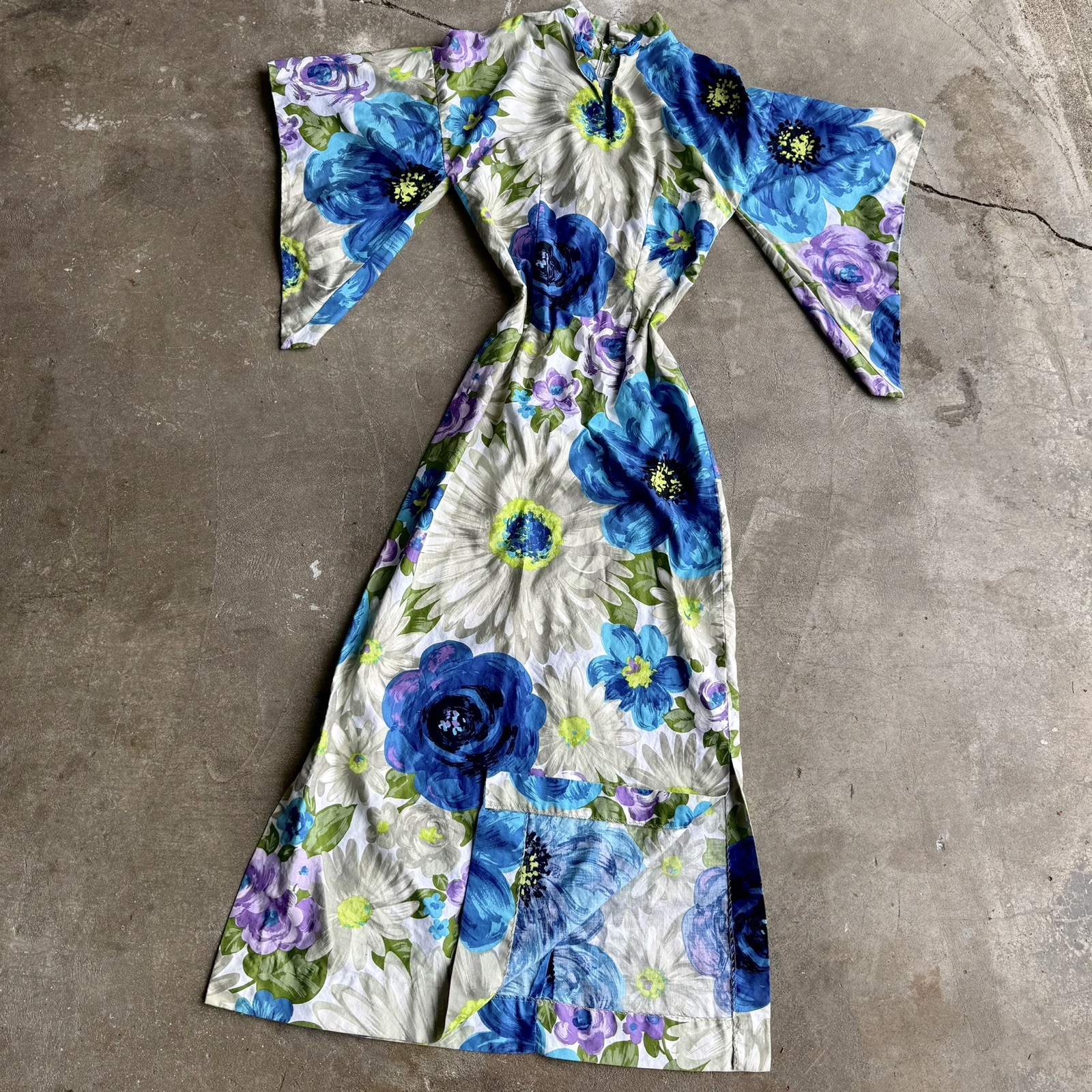 Vintage Paradise Hawaiian Pake Muu Kimono Sleeve Tiki Luau Party Maxi Dress s/m