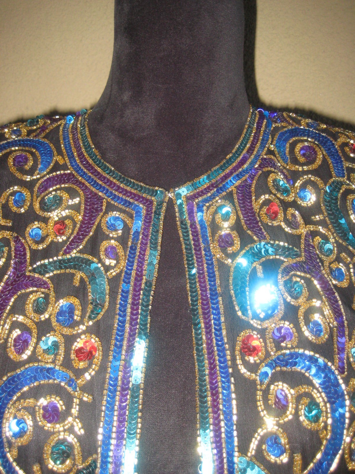 Vintage Scala black silk sequins beads multicolor cropped evening jacket S