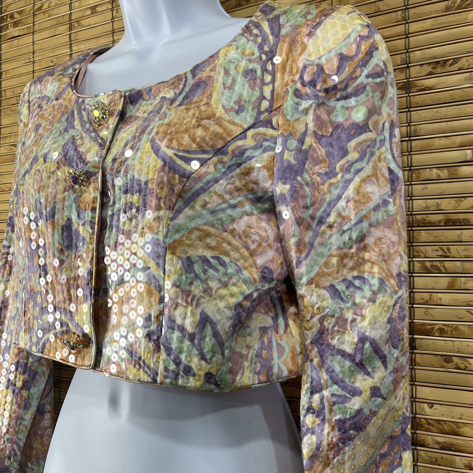 Vintage A.J. Bari Jacket Womens 8 Multicolor Silk Paisley Sequin Cropped Jeweled