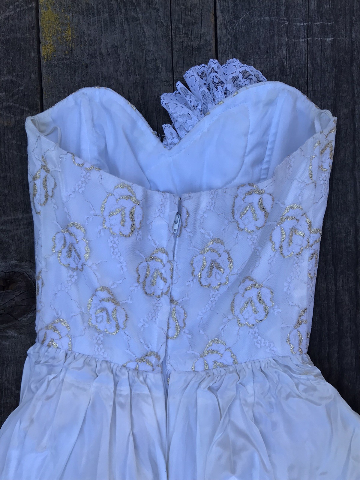 VTG 80s Loralie Strapless Ivory and Gold Satin and Lace Tiered Sequined Dress XS