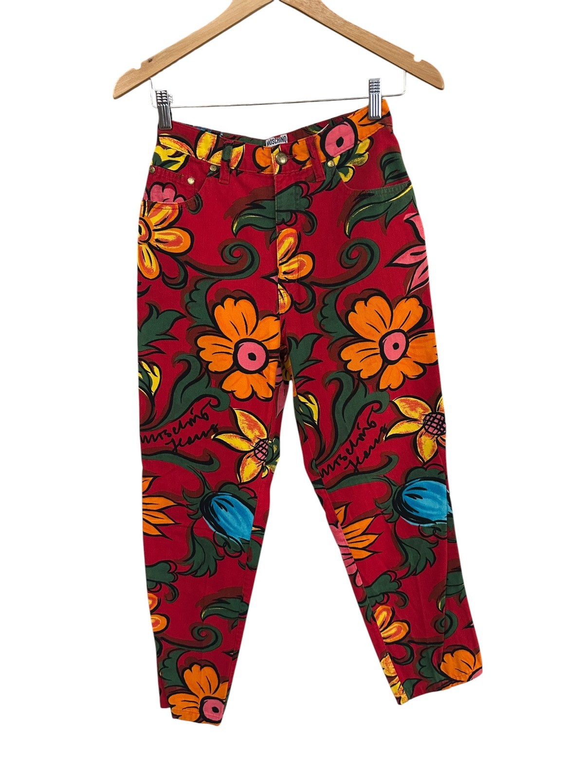 Moschino Jeans Floral Pants 90s Vintage Size 29 Red Print Rare Statement