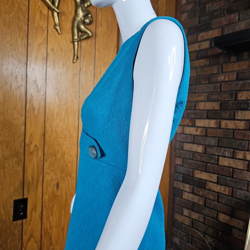 Vintage 60s Mod Go Go A-Line Empire Mini Shift Teal Texture Knit Party Dress M/L