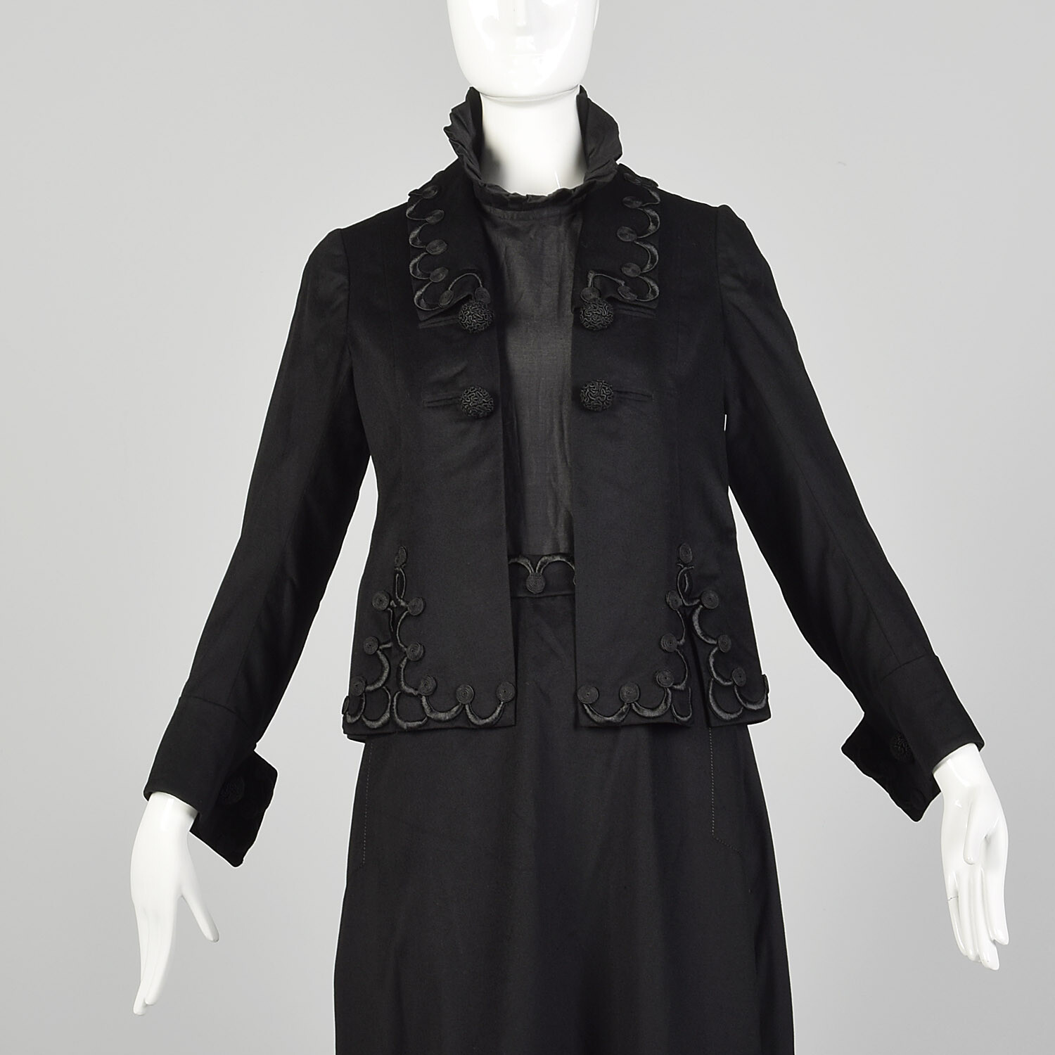 1910s Edwardian Walking Suit Black Wool Cotton Three Piece Ensemble Jacket VTG