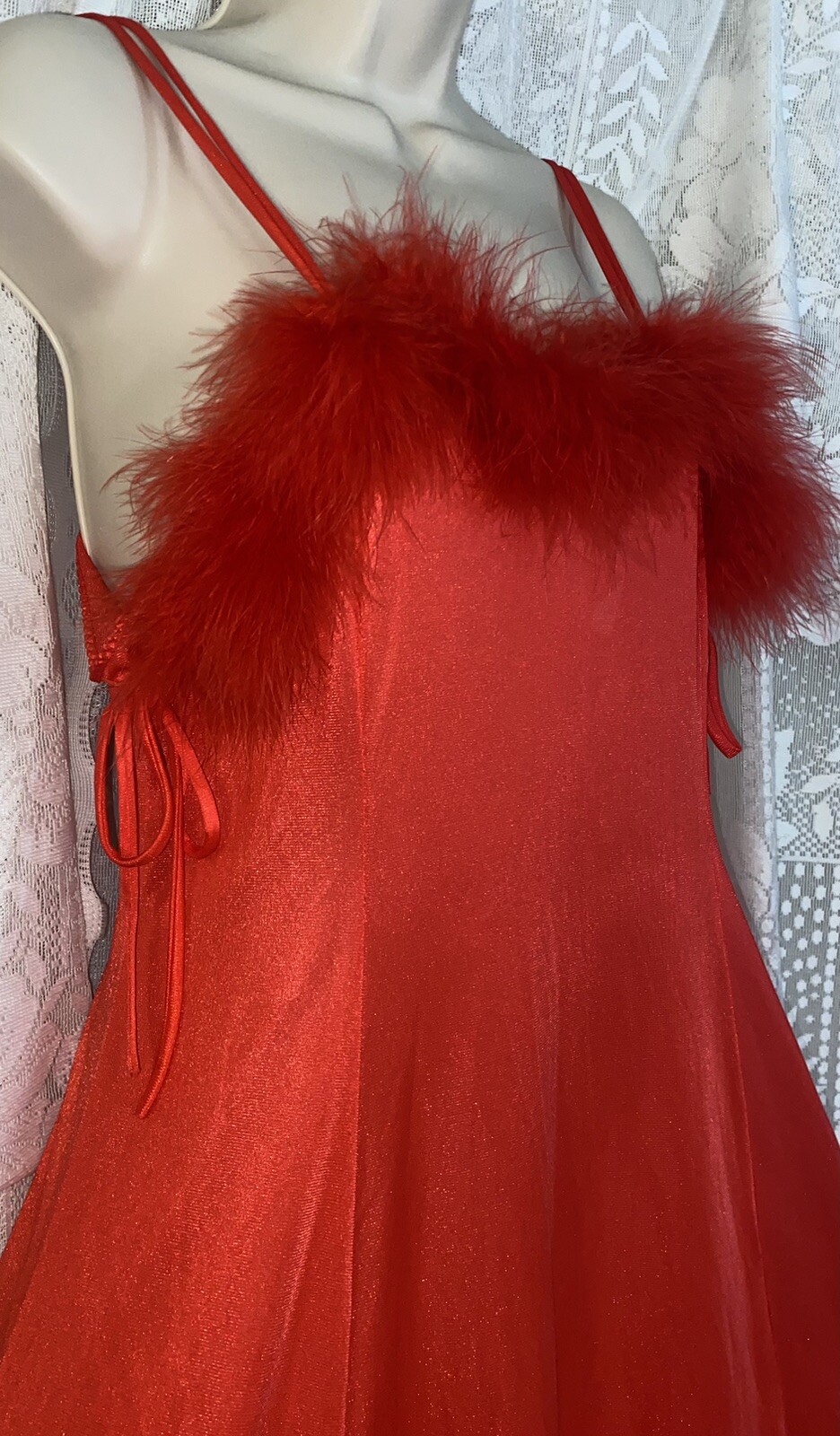 VTG M TRUE RED Nylon Full Sweep Glamour Nightgown Negligee w Real Marabou Trim