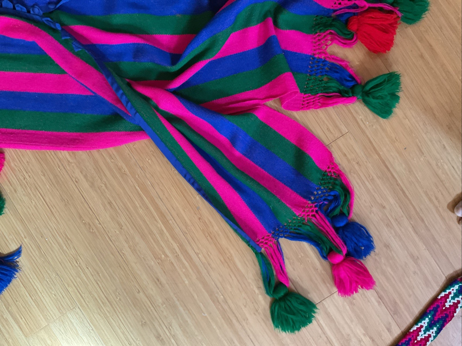 VTG Josefa Boho Caftan Maxi Dress Multicolor Pink Green Blue Pompoms Belt, Small
