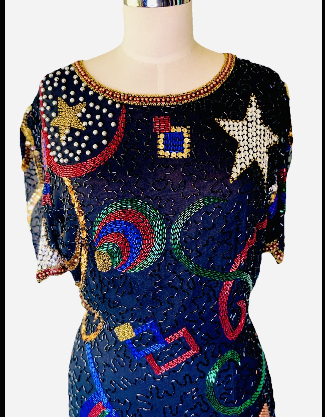Vintage 80s Silk Heavily Hand Beaded Sequin Celestial Dress by Nadine Boutique