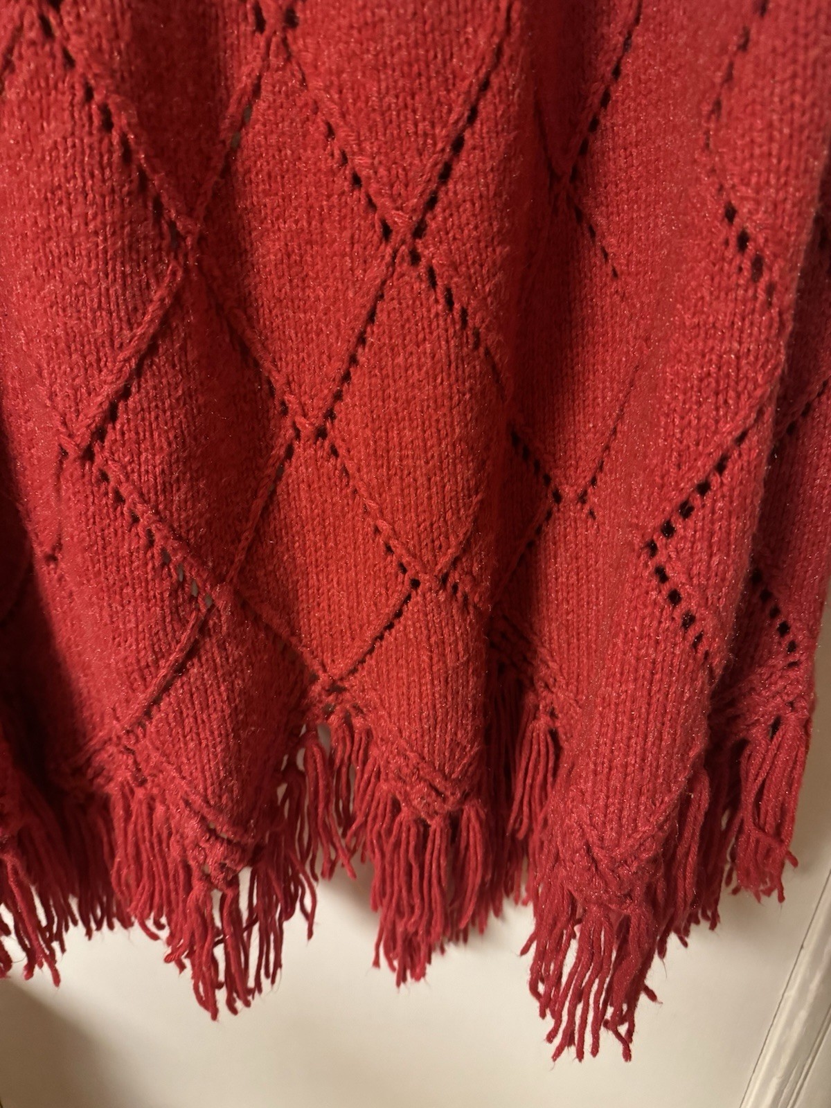 Vintage 1960-1970’s Red Hand Knit One Of A Kind Caplete With Fringe DiamondLace