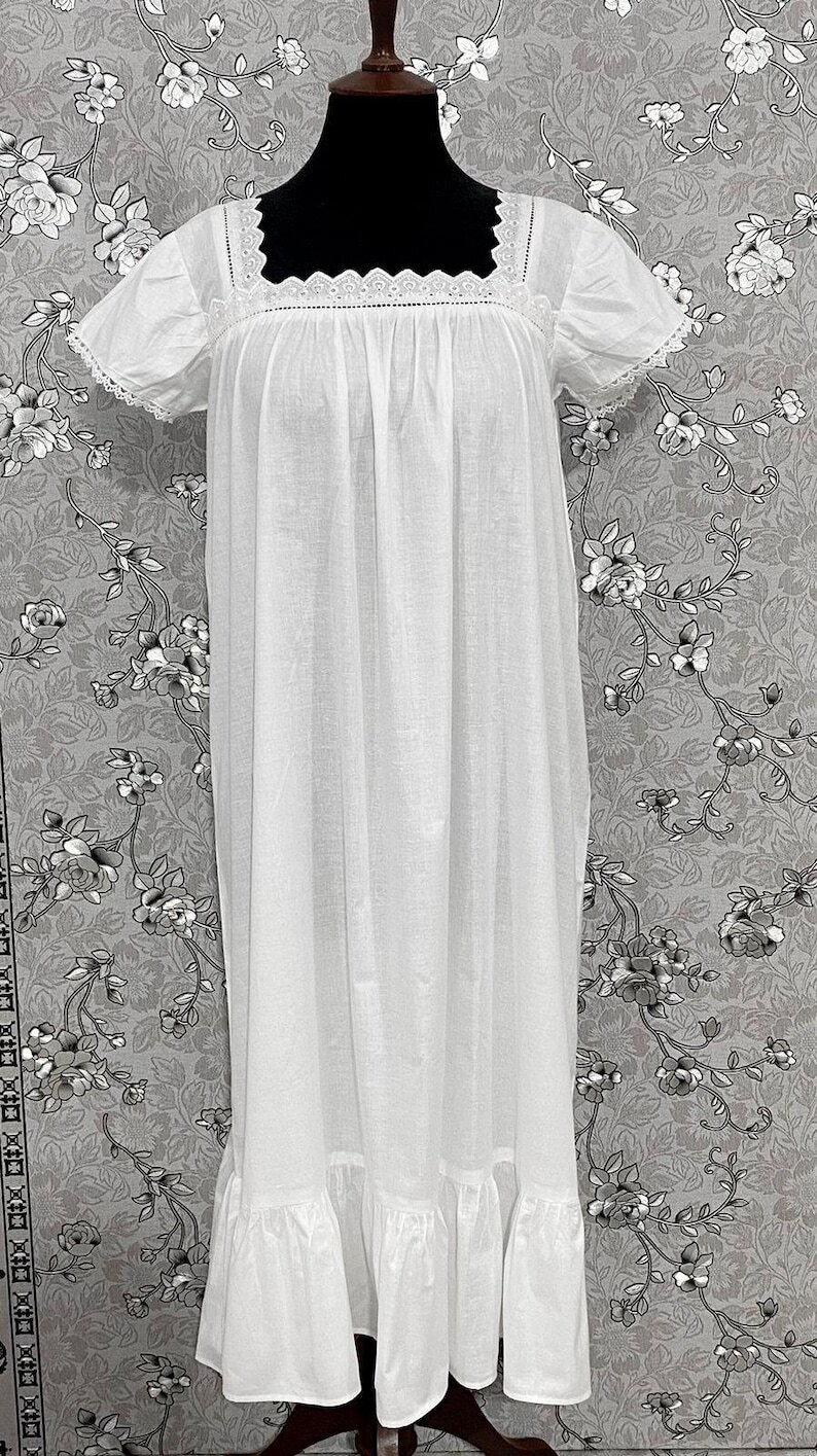 SoieRose Two-Tone 100% Cotton Victorian Nightgown with Intricate Lace – SR-1038