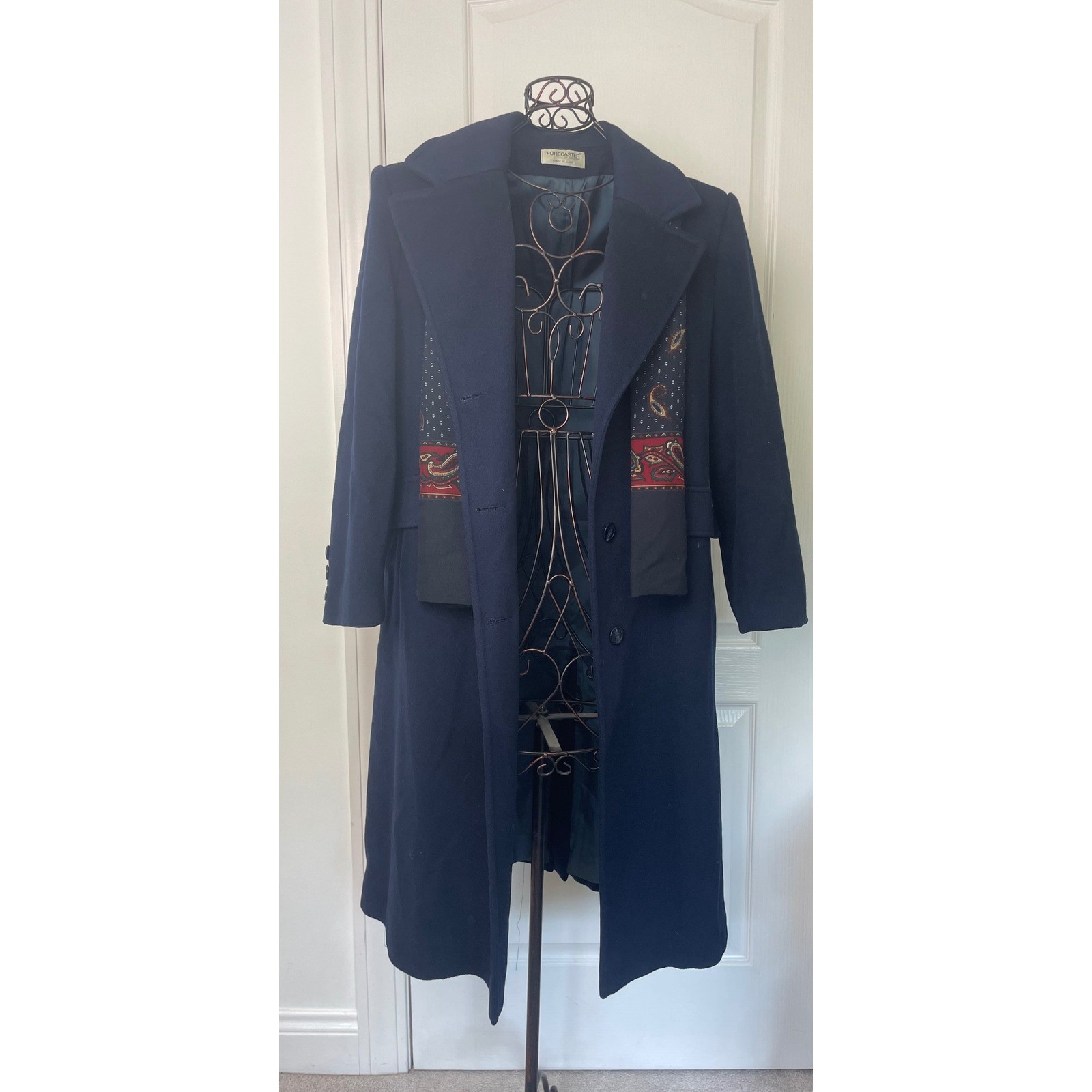 Vintage Forecaster of Boston Navy Wool Overcoat Long Trench Coat Women 13/14