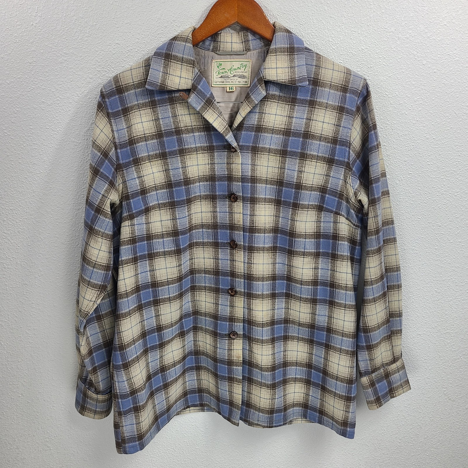 Vintage 50&rsquo;s gray, blue and brown plaid shacket/shirt from Town & Country 60&rsquo;s
