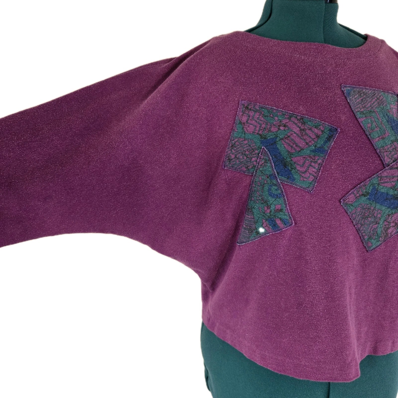 Vintage 80s Abstract Geometric Batwing Top Purple Dolman Artwear Womens Medium