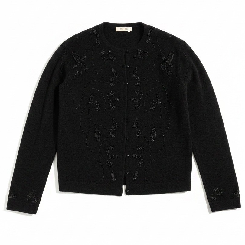 Carol Brent Vintage Beaded Lambswool Angora Cardigan Sweater Black Size 44