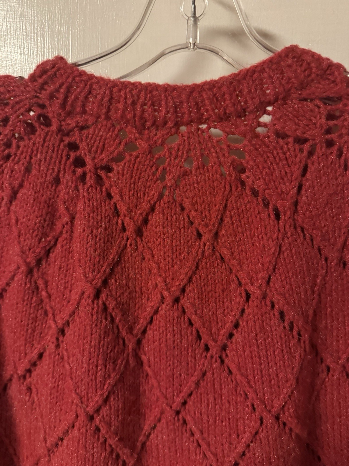 Vintage 1960-1970’s Red Hand Knit One Of A Kind Caplete With Fringe DiamondLace