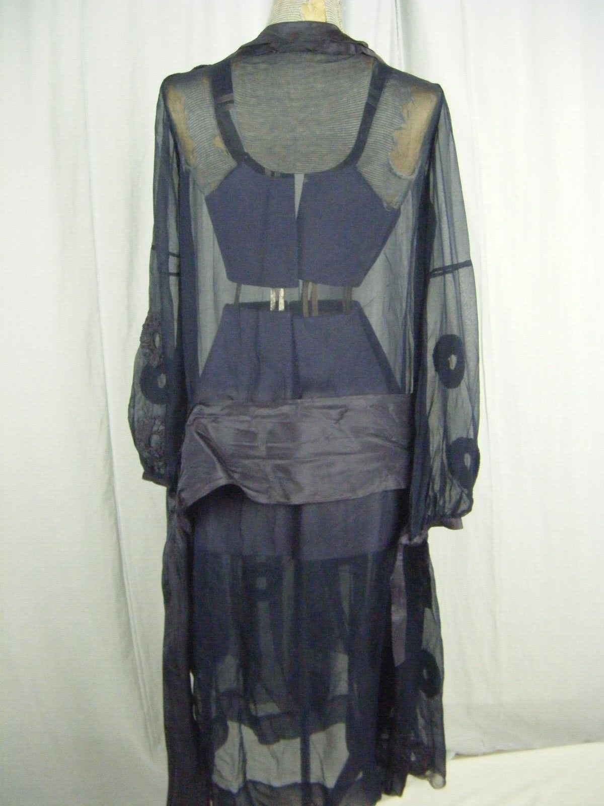 Antique 1927 Navy Blue Chiffon Silk Flapper Dress & note 3 pcs-Bust 38/2XS-XS