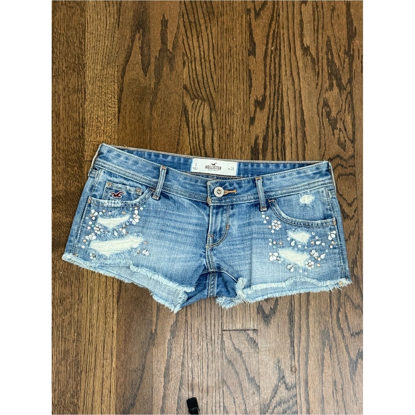 Y2K Hollister Low Rise Distressed Denim Short Size 26 Rhinestone