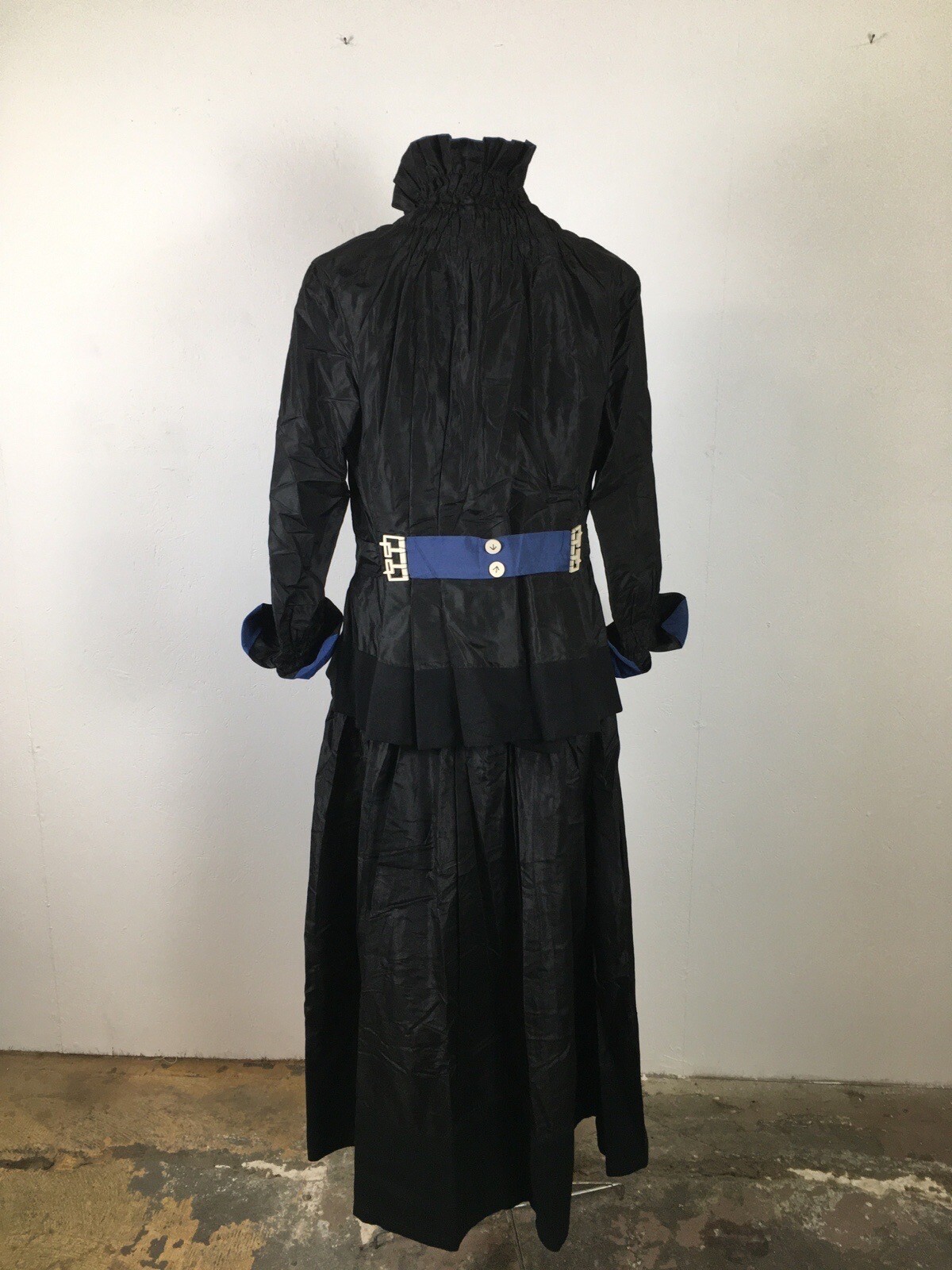 Exquisite Antique Edwardian Black & Blue Silk Walking Skirt Suit