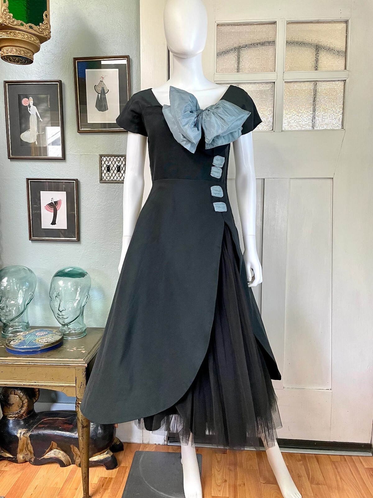 True Vintage 50s Small Medium Cadillac Originals black faille with bow dress