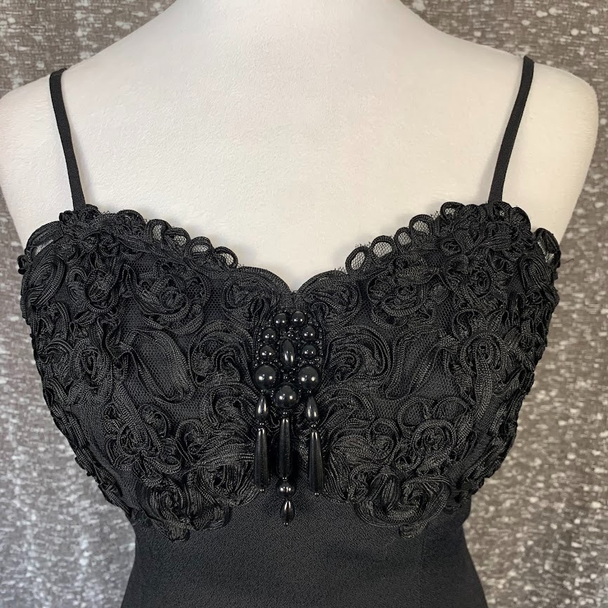 Vintage Flirtations Y2K Gothic Glam Black Dress Beaded Rosette Bodice Whimsigoth