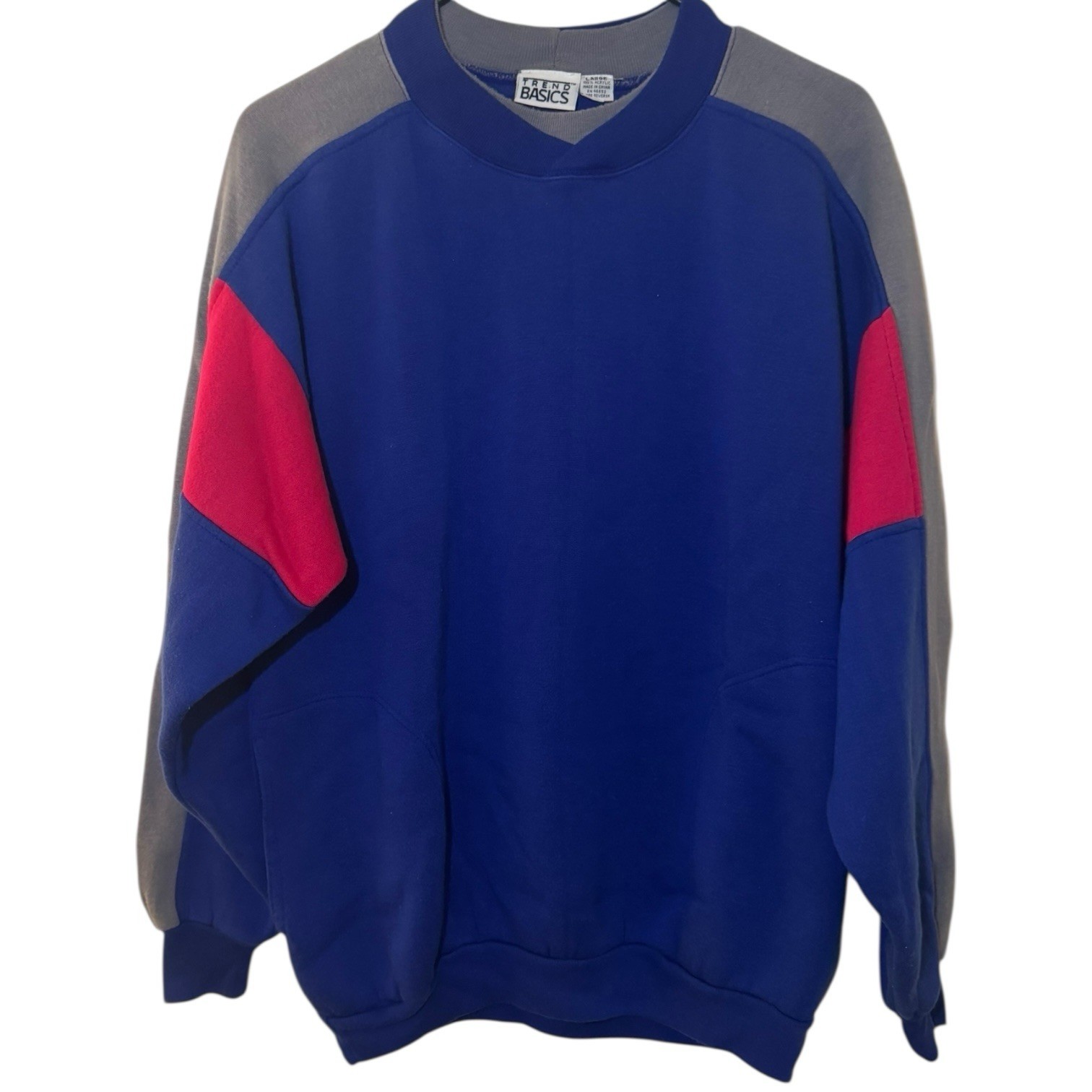 Vintage Trend Basics Color Block Crewneck Sweatshirt 80/90s Retro SZ L Blue Pink