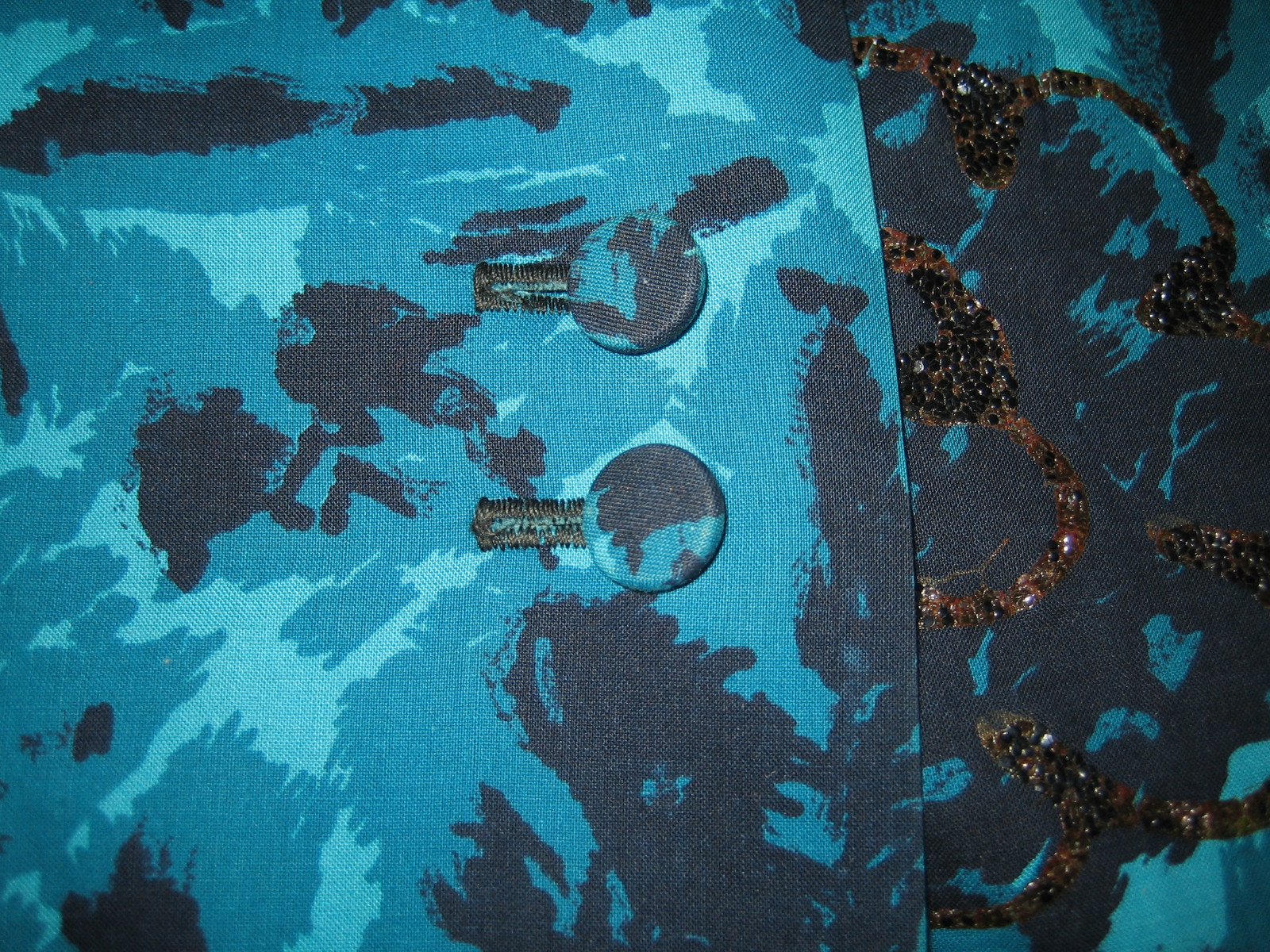 Vintage, Teal/Black Mandarin Collar Button Front 3/4 Sleeve Mini Dress/Tunic.