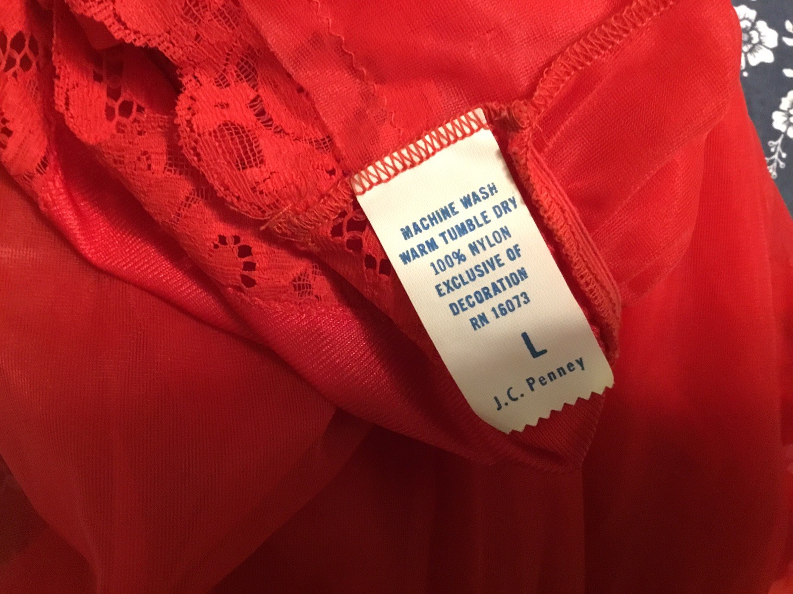 Vintage J.C. Penney Size Large Red Sleeveless Nightgown Nylon Sheer Lace Accents