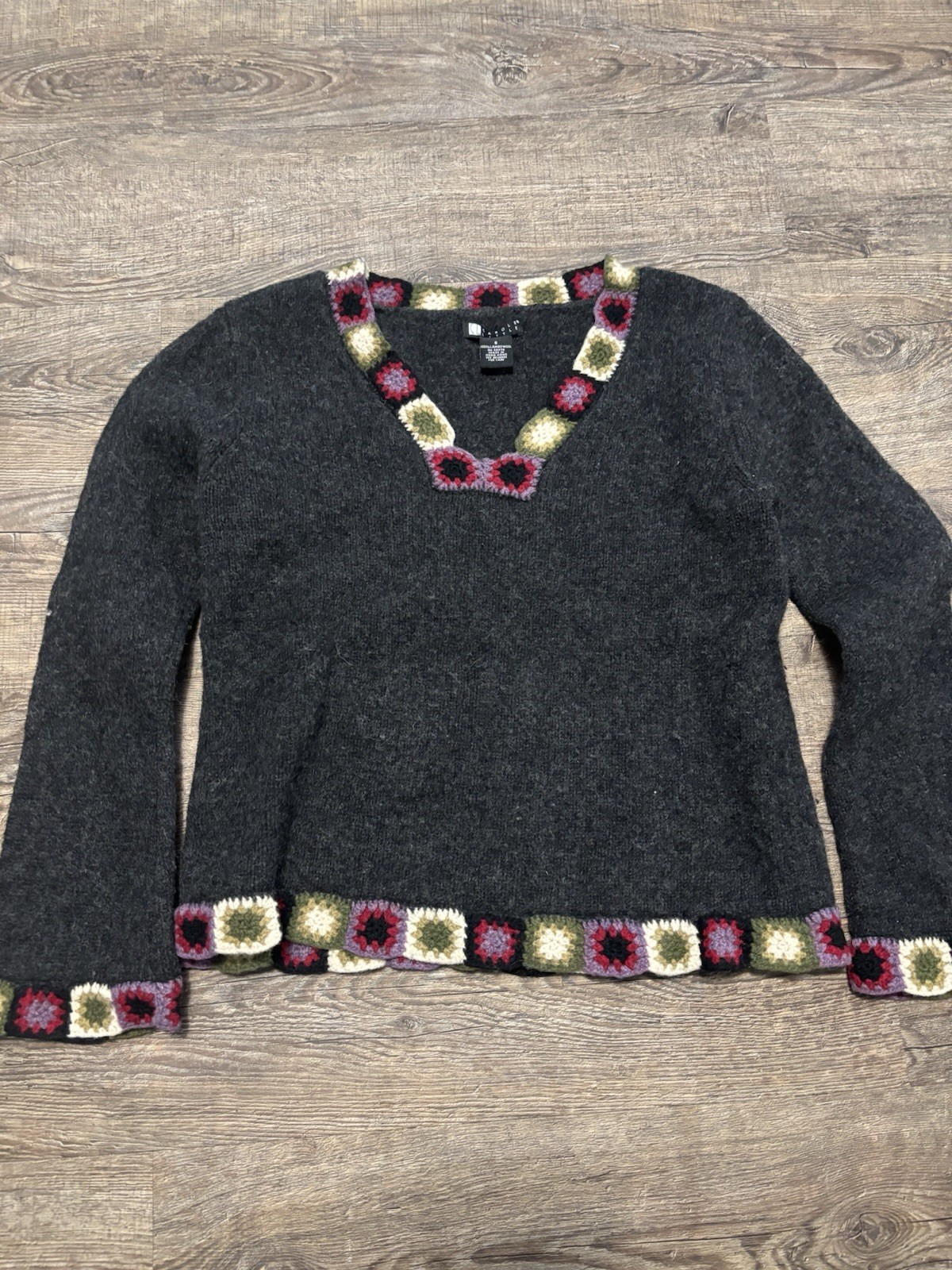 Vintage 100% Lambswool Sweater S Handmade Carole Little Crochet Trim Hong Kong