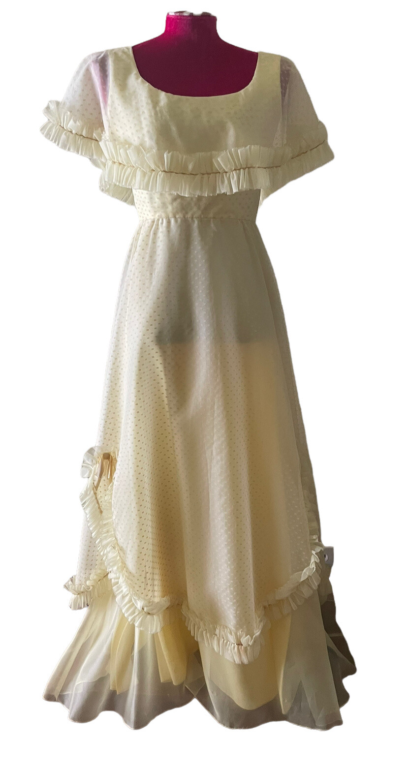 VTG 60s 70s Lorrie Deb Dress Yellow Swiss Dot Ruffles Layers Union Made FLAWS