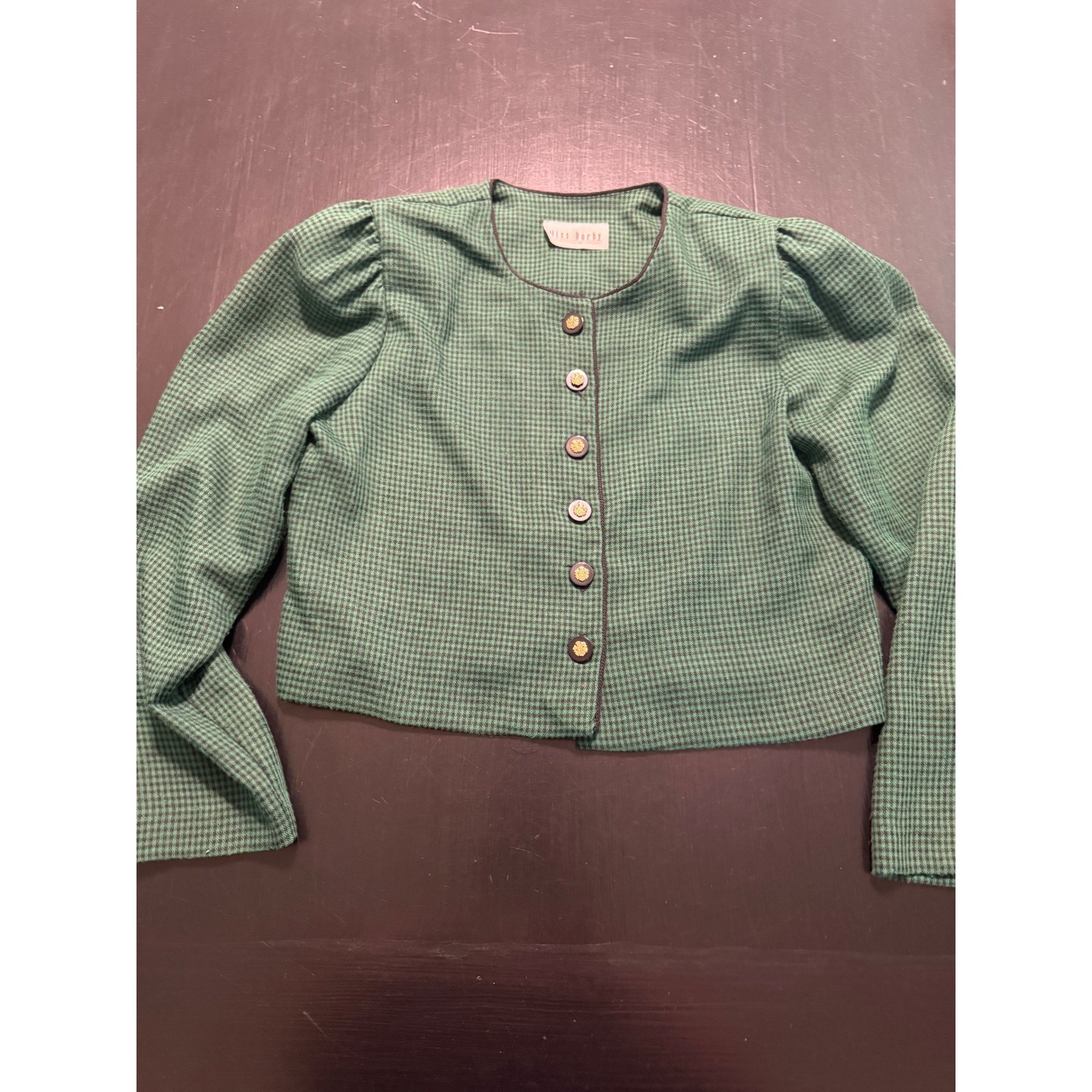 Miss Dorby Vintage Green Houndstooth Cropped shirt Gold Crest Buttons