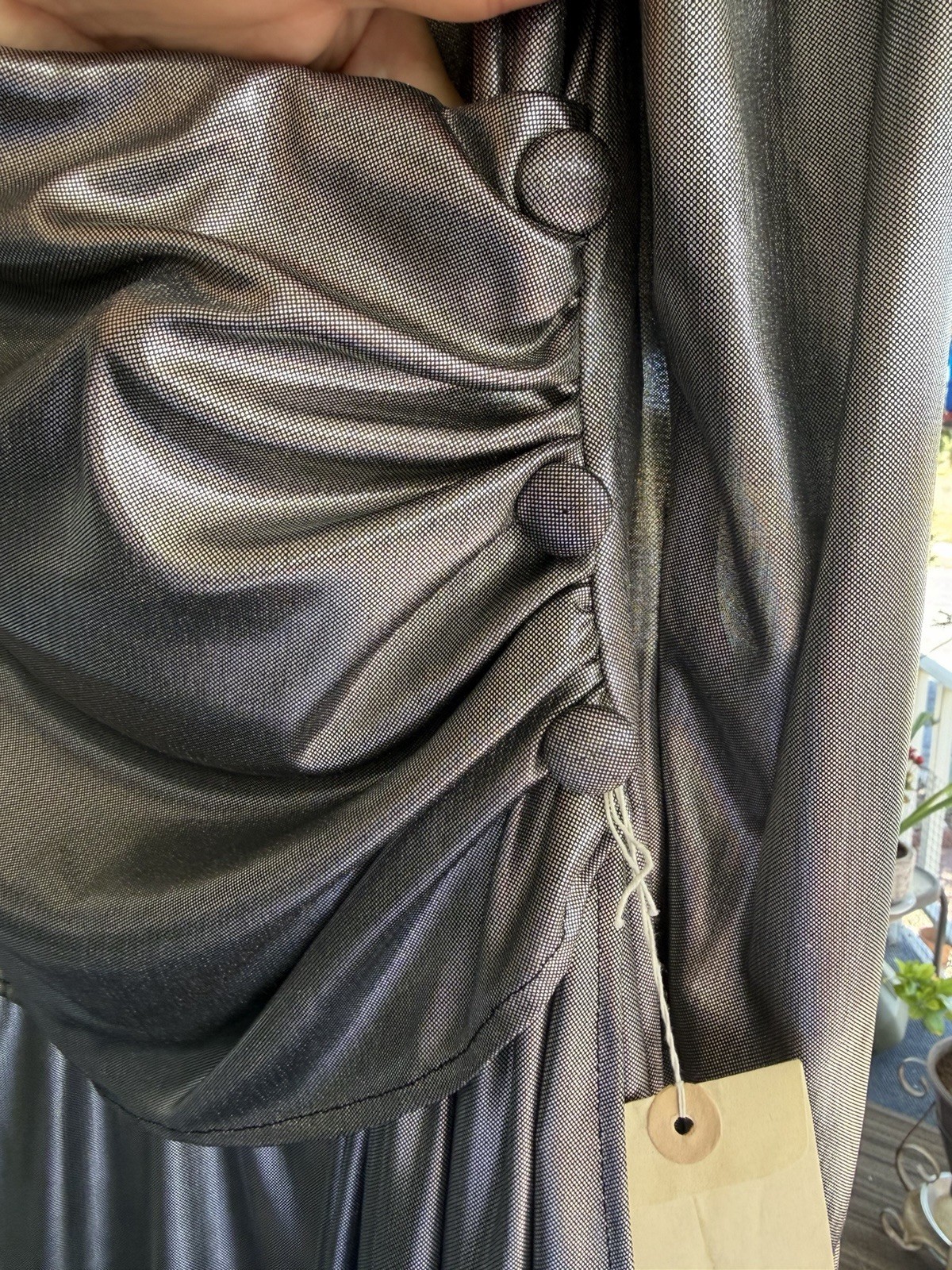 VTG 80s Montgomery Ward Metallic Silver Liquid Dress Puff Shoulder 5/6 NOS
