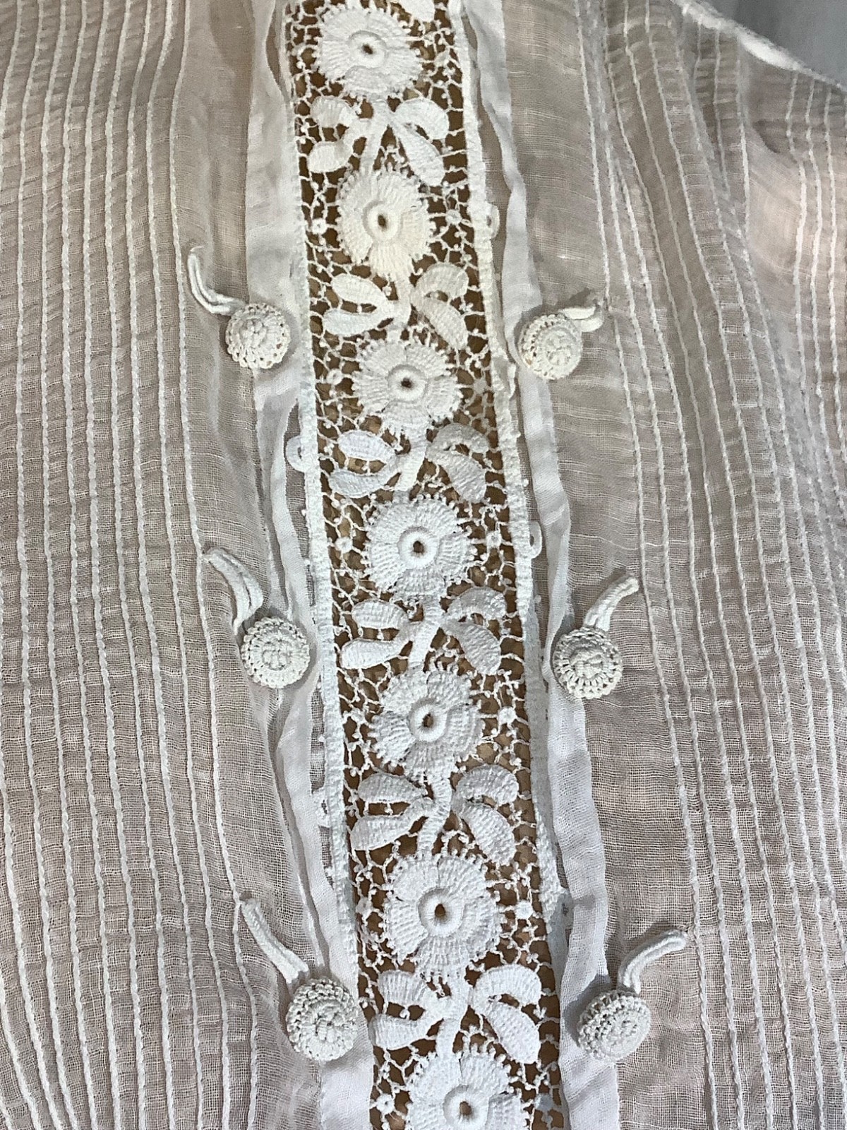 antique Edwardian blouse Top white Cotton lace M heirloom High neck 3/4 sleeve