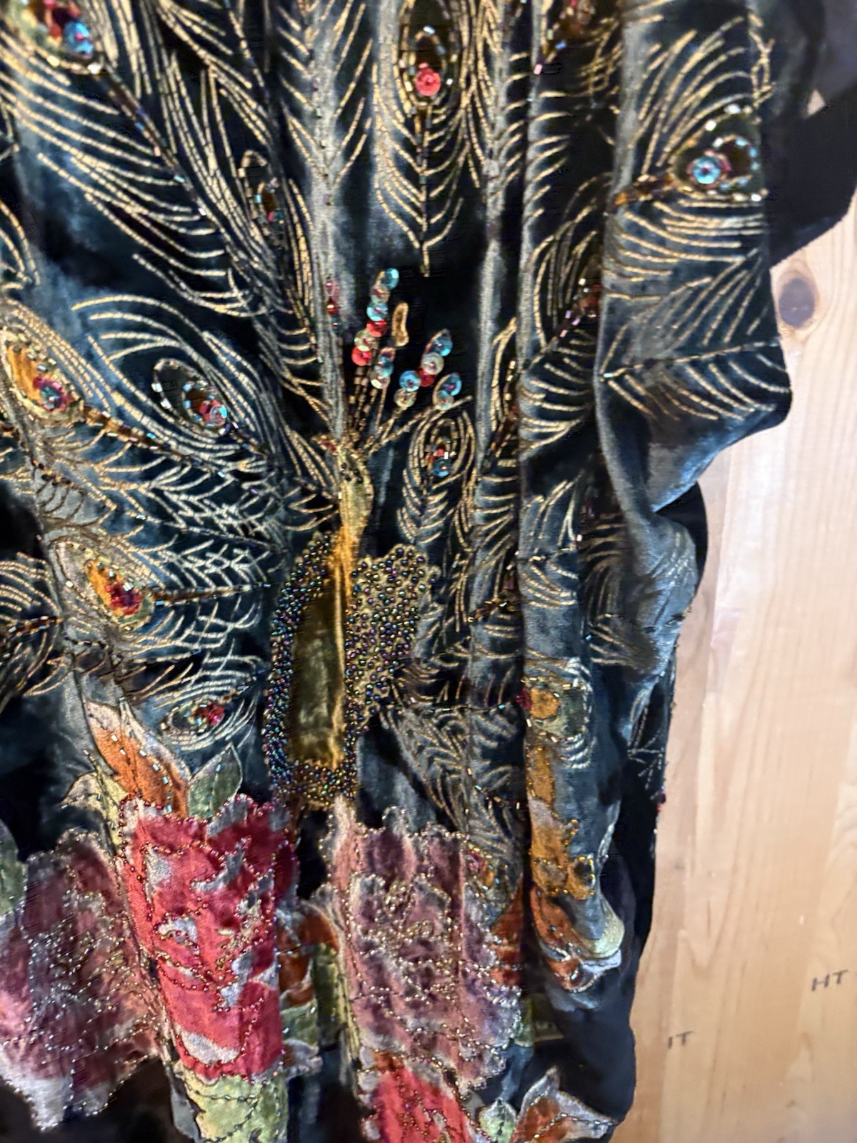 Kimono Duster Jacket Peacock Floral Velvet Beaded Burnout Coverup OS L/XL/1X/2X