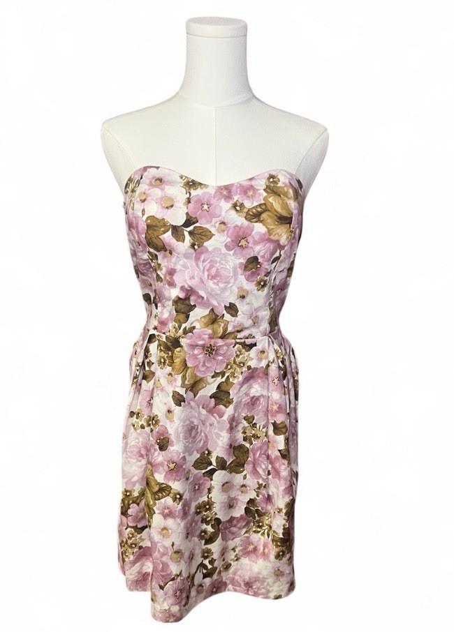 Vintage XIA Floral Strapless Fit & Flare Dress Pink Cottagecore Made USA Large