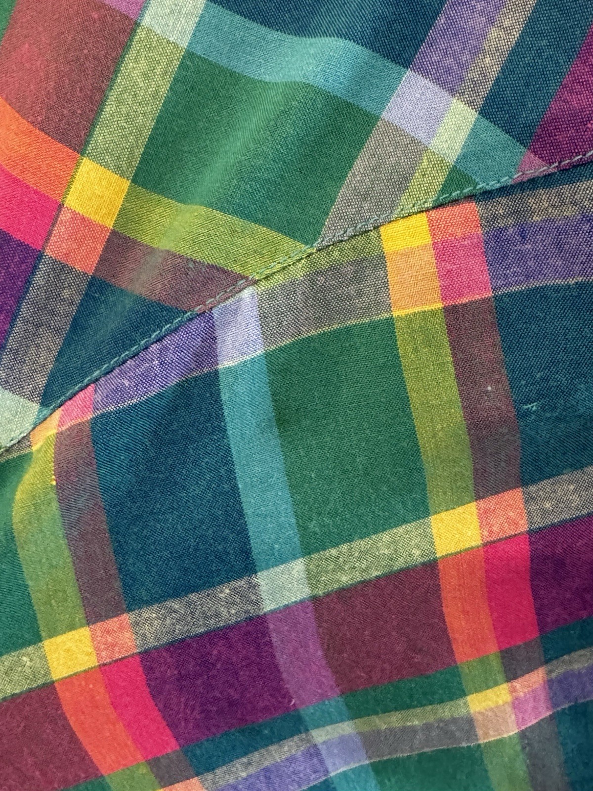 Vintage 80s Rainbow Plaid Button Down Camp Shirt Retro Dopamine Quirky Top