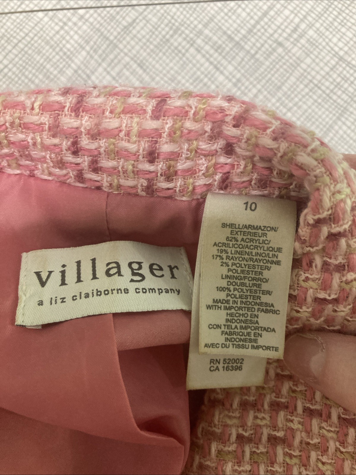 VTG 90s Y2K Villager Liz Claiborne Pink Tweed Blazer Jacket Lined Size 10